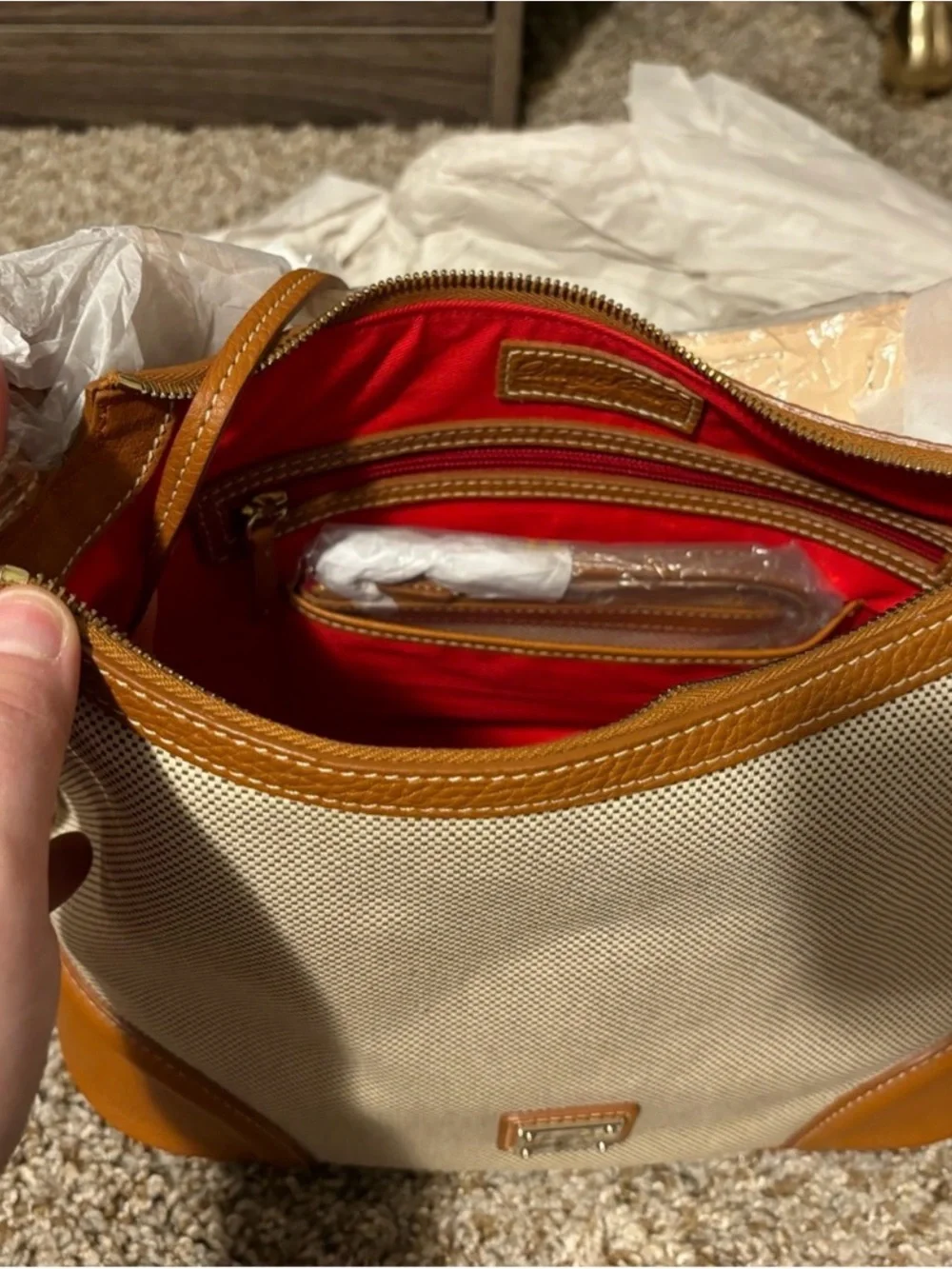 Dooney & Bourke Cream and Tan Canvas Hobo Bag with matching wallet! NWT!